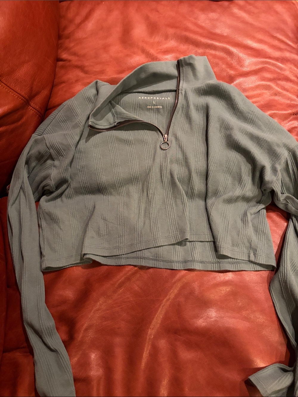 Aeropostale Sage Green Cropped Quarter-Zip Ribbed Pullover Size Large - Picture 1 of 2